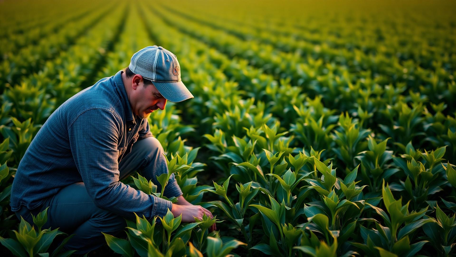 A farmer kneels beside green rows of emerging crops, inspecting the leaves